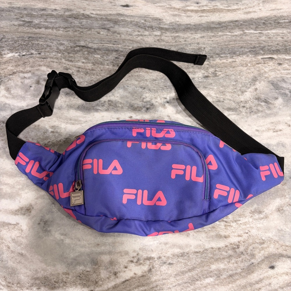 Fila Purple Pink All Over Logo Fanny Pack Waist Bag Crossbody Adjustable Strap
